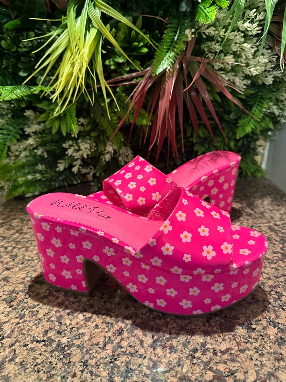 Wild Pair Hot Pink Daisy Platform Slide Sandals